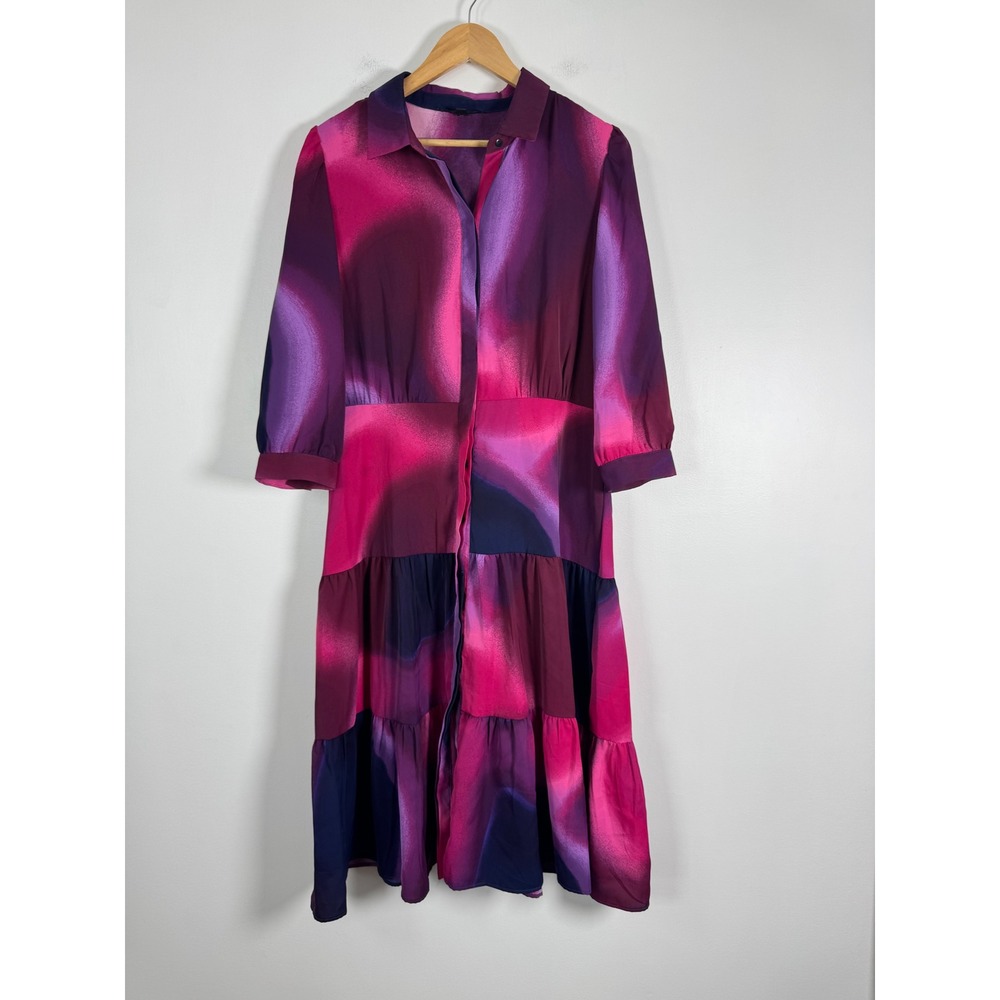 Abstract Nicole Miller Womens 12 Midi Shirt Dress Purple Pink Tiered Watercolor